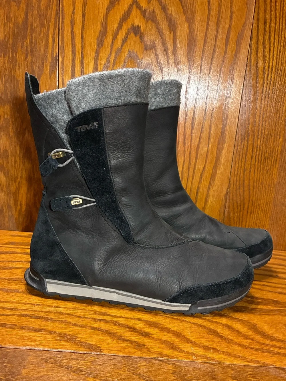 Teva Waterproof Leather Suede Felt Collar Mid-Calf Winter Boots Black Size 8.5